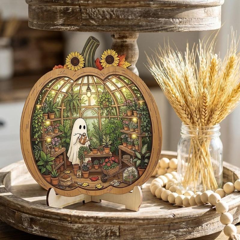 Entry Table Pumpkin Decoration with Wooden Body, Center Scene, and Double Board Build for Shelf and Indoor Holiday Use