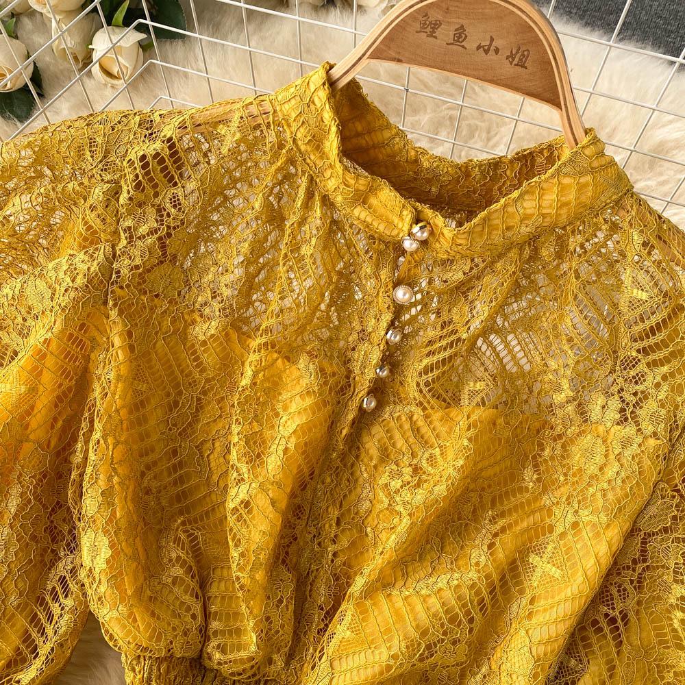 Vintage Frauen Spitzenkleid Frühling Herbst Puffärmel Hohe Taille Party Robe Weiblich Elegant Grün Lila Midi Kleider