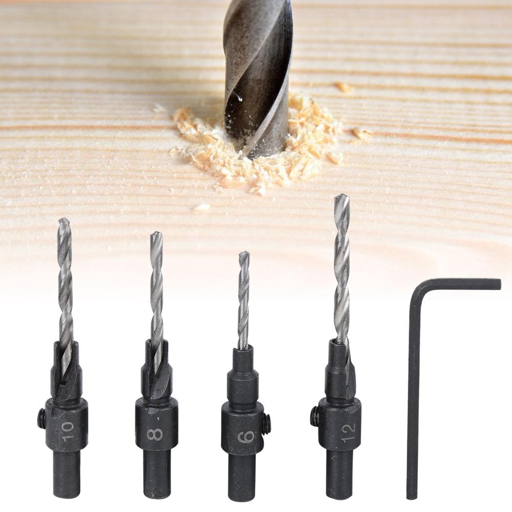 4PCs Countersink Drill Bit Conical Round Valve Rod Wrench Hand Tool Woodworking Accessory