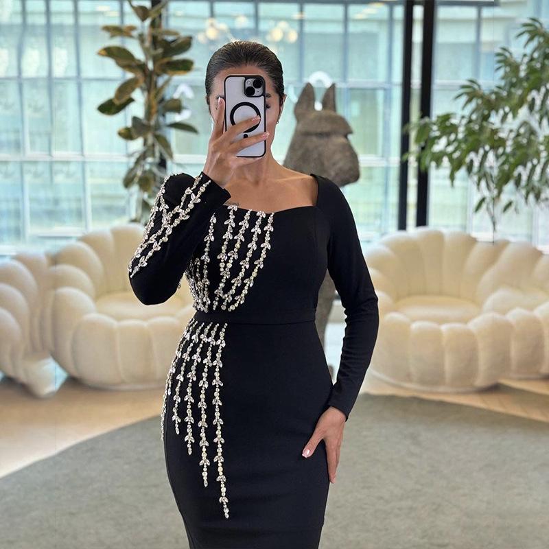 European & American Luxury Rhinestone Square Neck Bandage Dress - Slim Fit, Elegant Socialite Evening Wear.