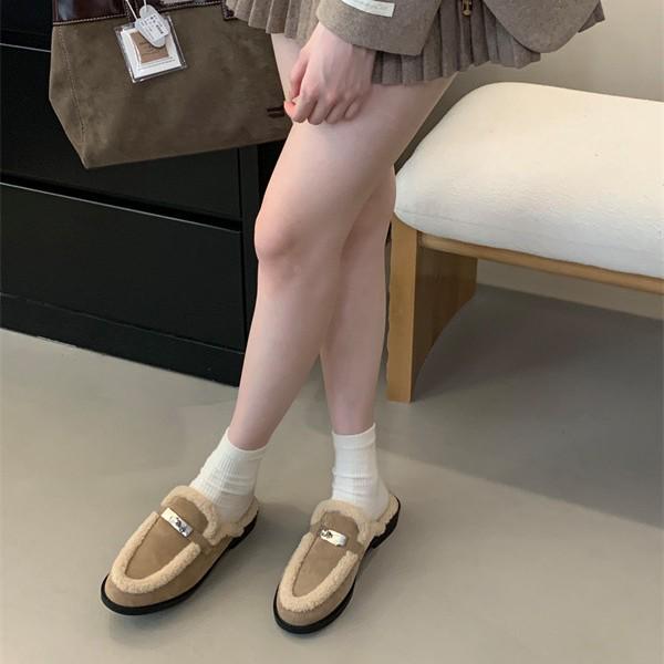 2024 Autumn/Winter Women's Fur-Lined Gold Lock Thick Heel Half Slippers