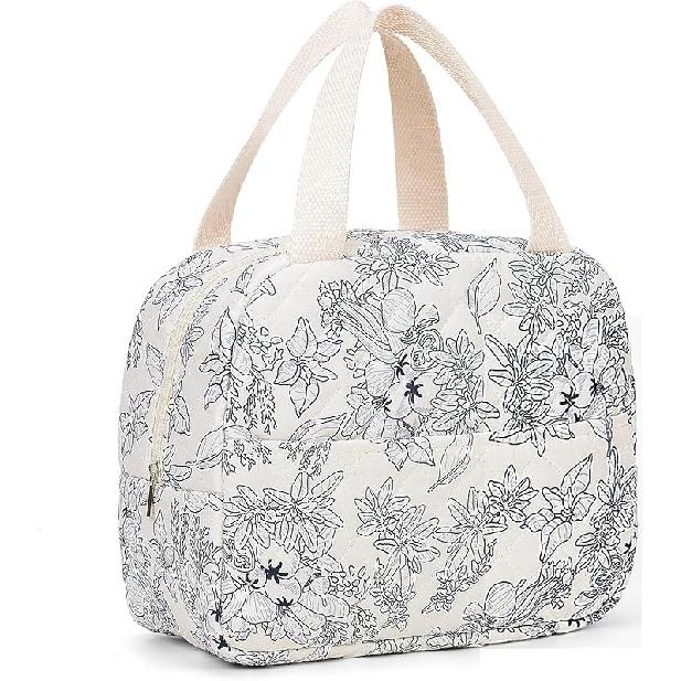 Cute Lunch Box for Women Small Floral Lunch Box Quilted Lunch Tote Bag With Front Pocket Insulated Lunch Bag for Work Study