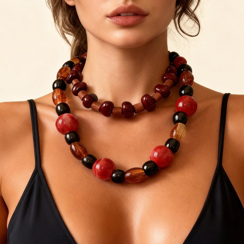 Personality trend retro ethnic style geometric wood plastic beaded multi-layer stacked necklace casual simple woman