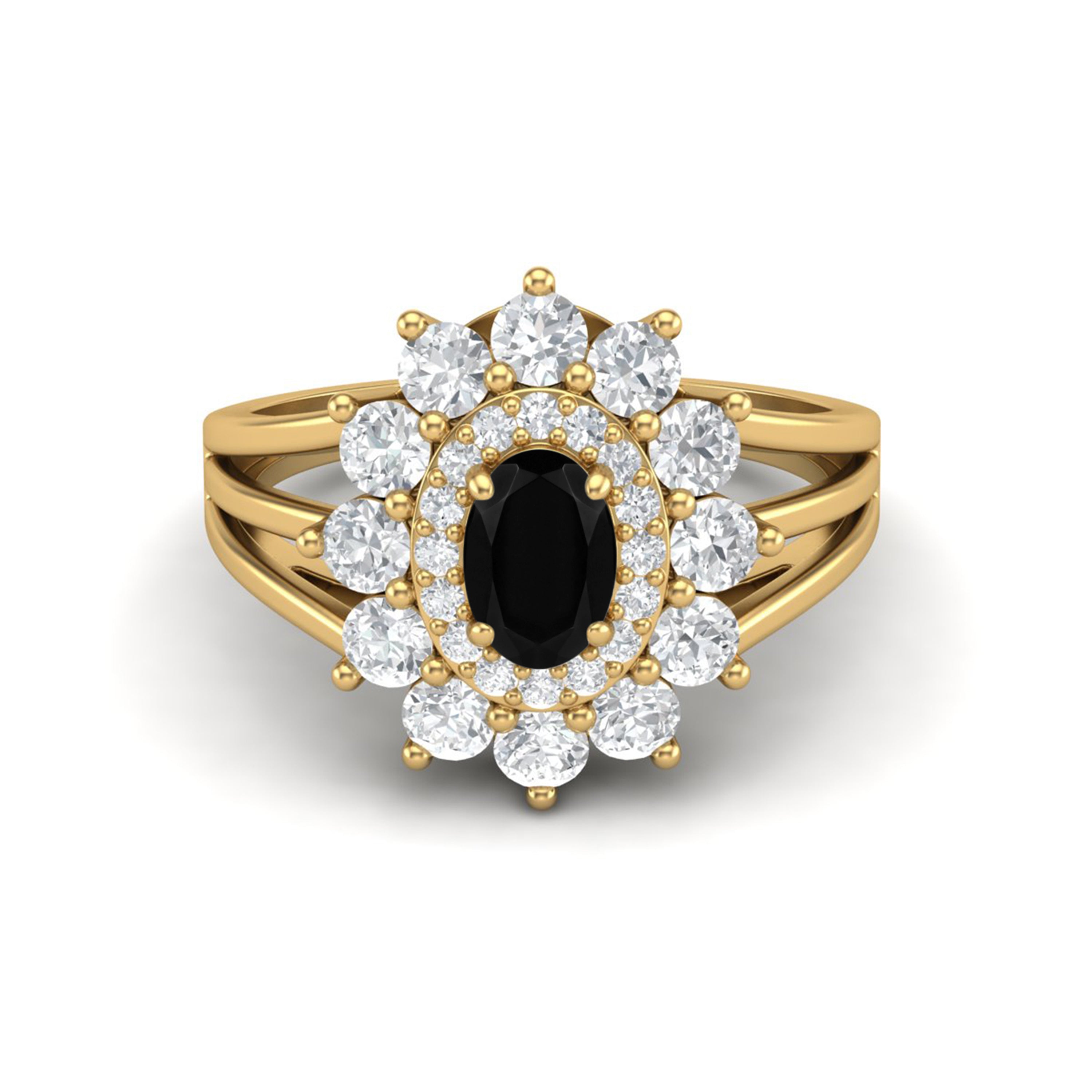 

6X4MM Oval Black Spinel Gemstone 925 Sterling Silver Gold Plated Halo Split Shank Ring 7 жовтий