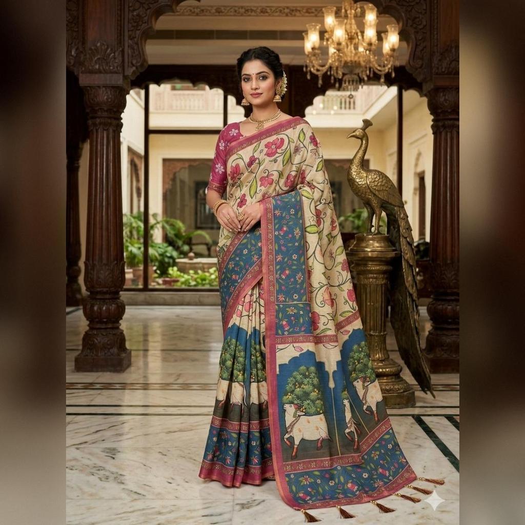 Soft premium handloom fabric Digital Print With  Rich Pallu With Lace Border On Saree