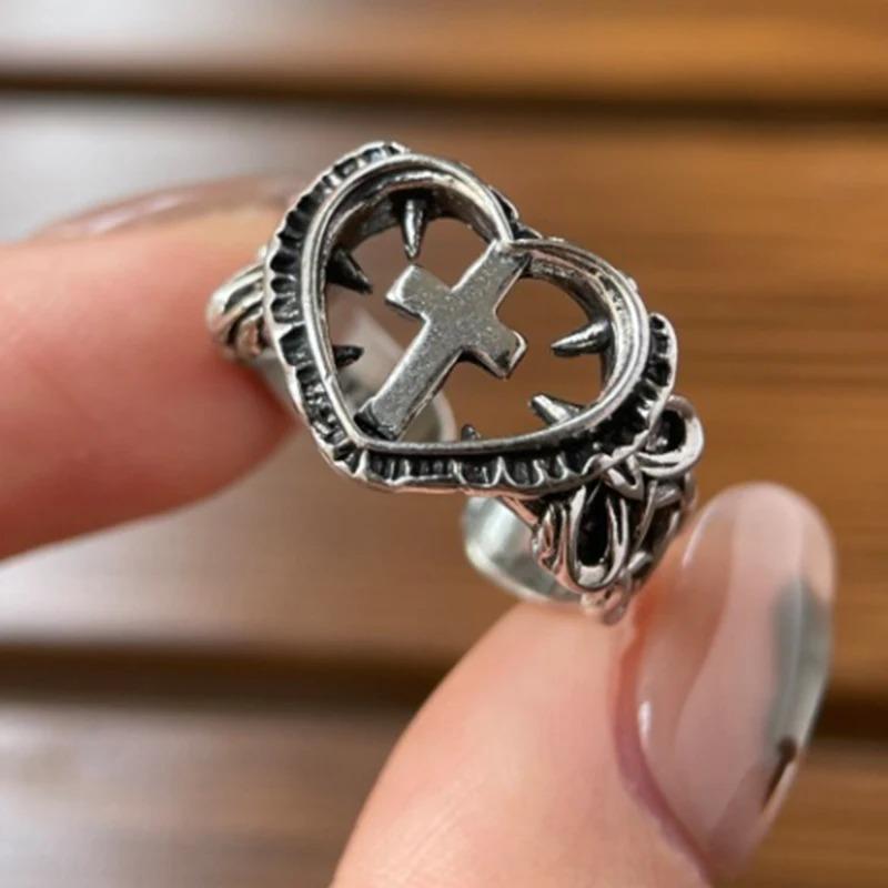 Fashion Cross Heart Open Rings for Unisex Hip Hop Adjustable Devil Horns Weaving Strip Gothic Ring Jewelry Couple Gifts