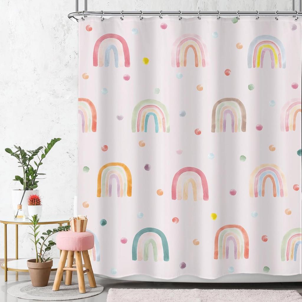Kids Girls Purple Rainbow Shower Curtain Boho Rainbow Lavender Polka Dots Cartoon Cute Princess Vintage Preppy Girly Bathroom