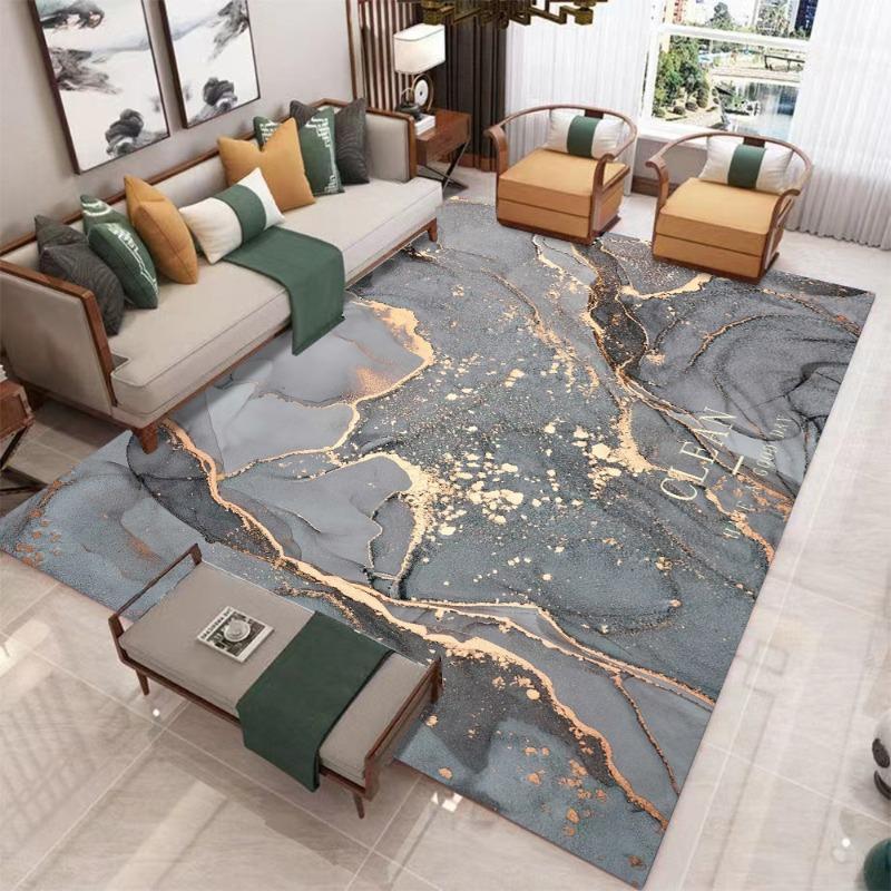 Modern Black Marble Crackle Carpet - Large Living Room Area Rug with White Vein Pattern Non-Slip Sofa Floor Mat Minimalist Decor