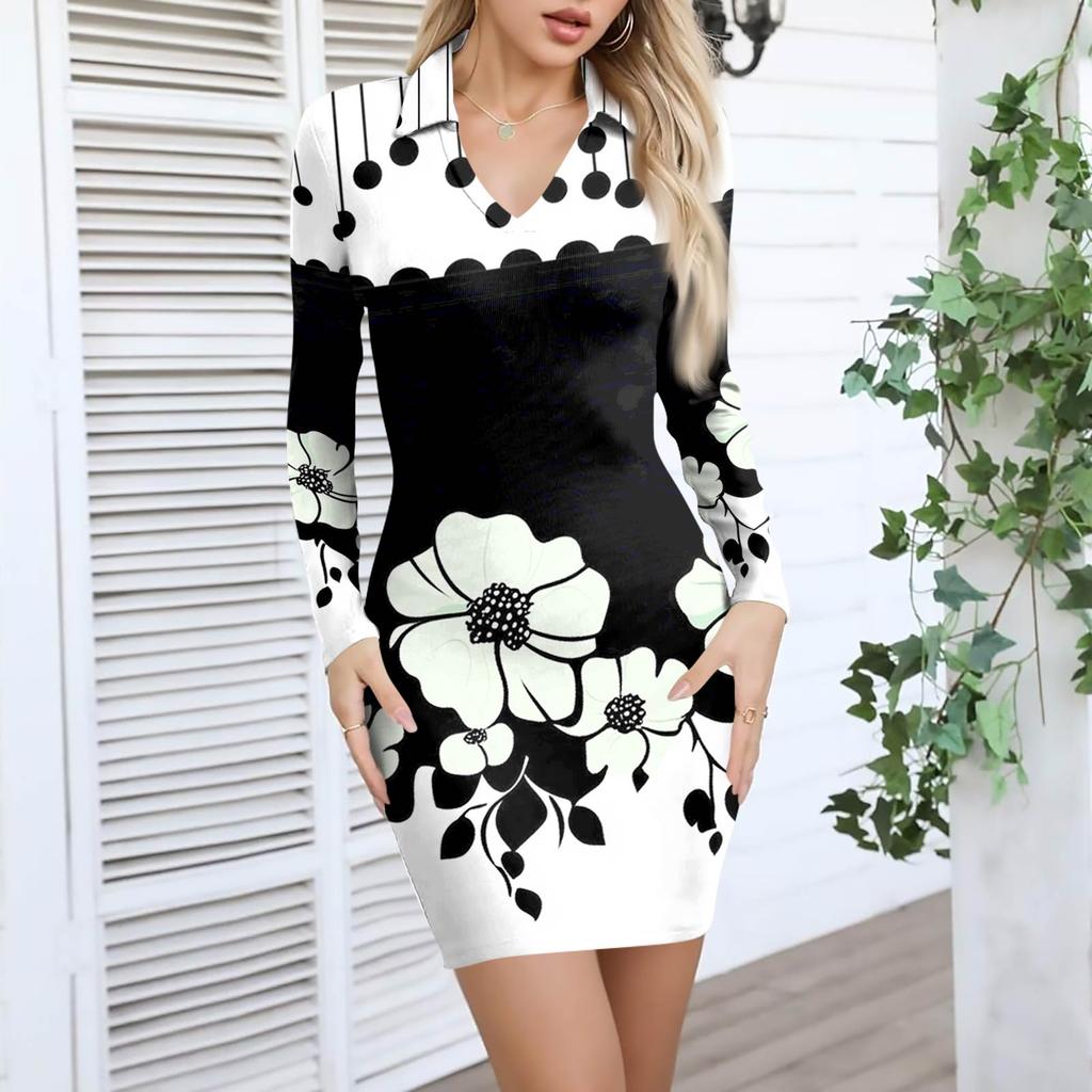 Damen V-Ausschnitt Lässig Print Langarm Figurbetontes Kleid