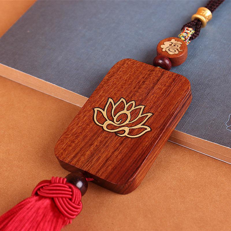 "Rosewood Peace Plaque with Copper Mirror Amulet - Creative Car Pendant"