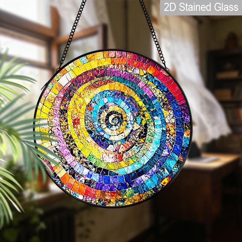 2D Flat Stained Glass Rainbow Spiral Window Decoration, 6.3/7.87inches Colored Glass Plate with Chain, Charming Indoor/Outdoor Sun Catcher Home
