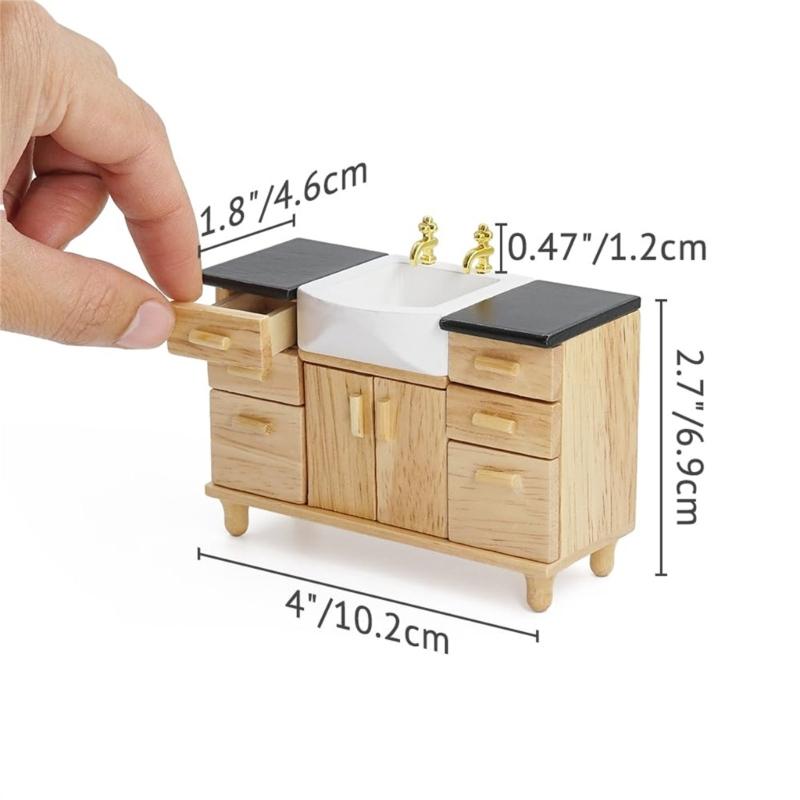 1/12 Scale Dollhouses Bathroom Sink Cabinet Miniature Wood Vanity Furniture for Creative Role Playing and Scene Display