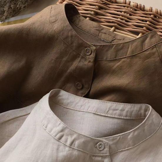 Damska koszula w stylu retro na co dzień O-neck latarnia z długim rękawem koszula jednorzędowa Top łączenie projekt luźny krój bluzka w jednolitym kolorze