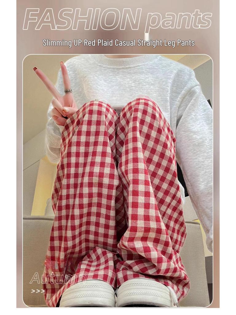 Red Checkered High Waist Wide Leg Pants for Women - Lazy Style, Linen, Perfect for Spring and Autumn