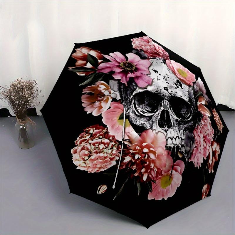 1pc Skull Flowers Auto Open/close, All-Season Portable Folding Umbrella for Women & Men, Travel, Everyday, Formal Events -06193