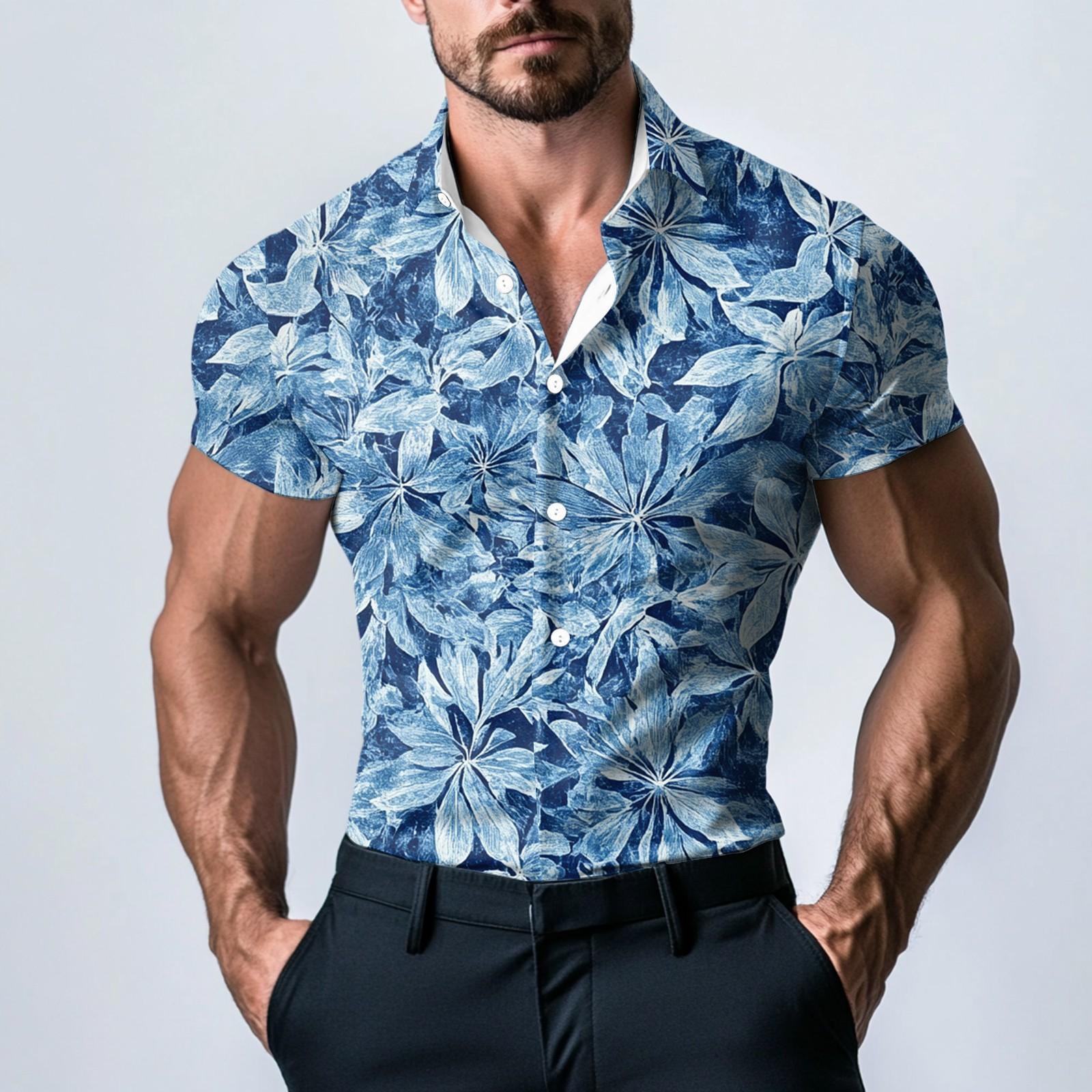 

Мужская модная атласная рубашка с коротким рукавом с принтом L циан