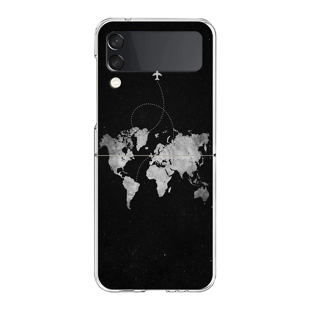 Phone Case For Samsung Galaxy Z Flip 3 4 5 Hard Folding PC Cartoon World map scenery direction For Samsung Z Flip 6 Cover