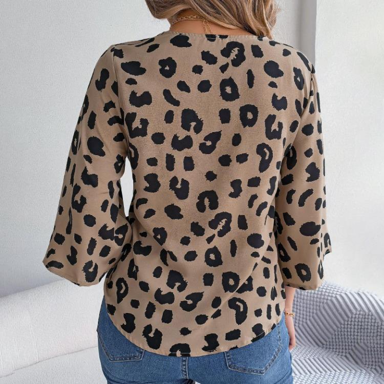 Fashion Leopard Print Women Blouse Long Sleeve V Neck Shirt Spring Autumn Temperament Top