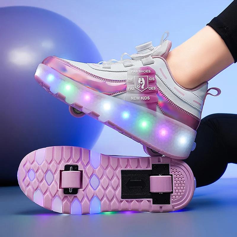Kids LED Racing Roller Skates Shoe With 2 Wheels Children's Speed Skate For Girl And Boy Sneakers Skates With Removable Wheels