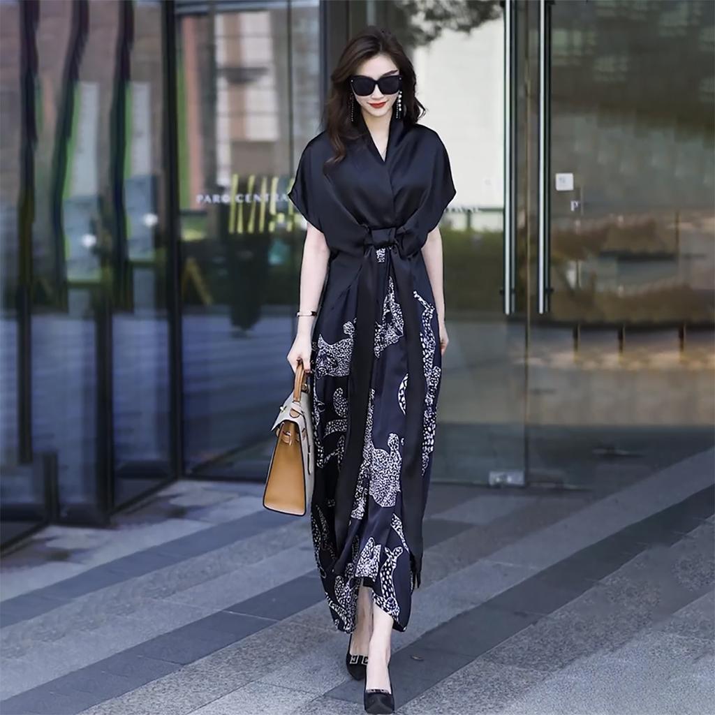 Vestido Francés de Mujer Verano Manga Corta Temperamento Estampado Vestido de Gran Vuelo