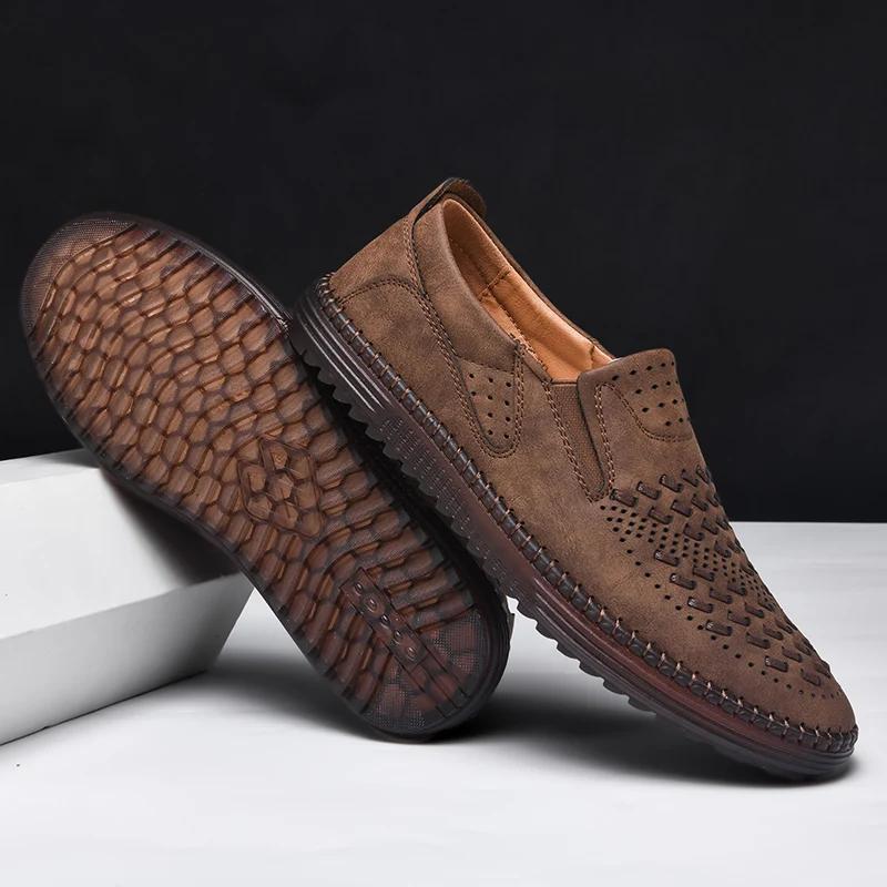 New 2026 Handmade Leather Men Shoes Design Fashion Sneakers Slip On Loafers Summer Mesh Breathable Casual Shoes Men Driving Flat