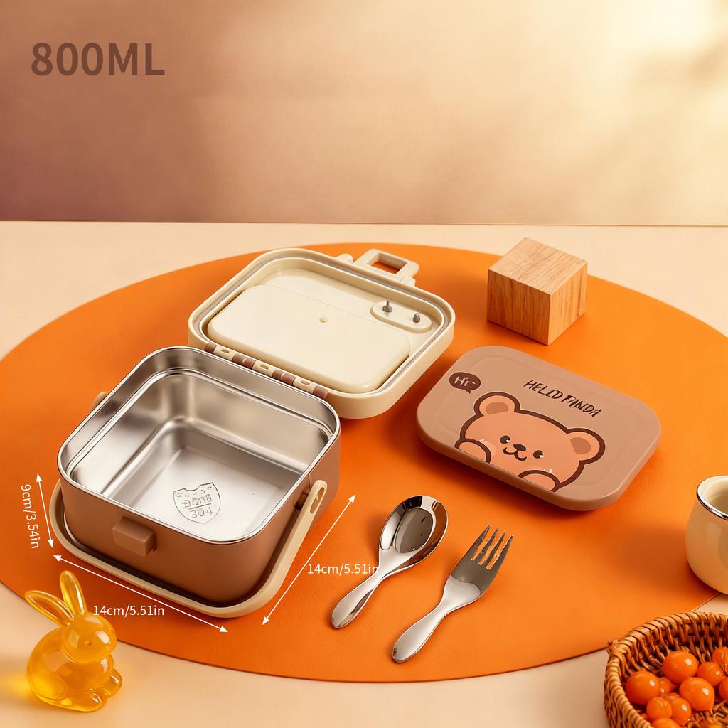 304 Stainless Steel Handheld Lunch Container Leak-proof Cartoon Square Children's Bento Lunch Box With Fork Spoon Microwave Safe