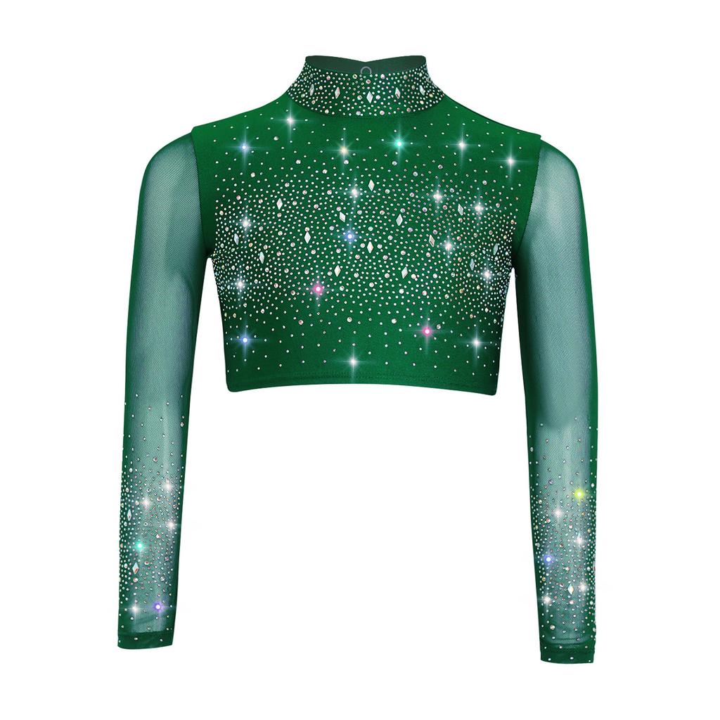 Dívčí průhledný síťovaný crop top s dlouhým rukávem a rolákem, lesklé kamínky, klíčová dírka vzadu, kostým pro lyrický tanec