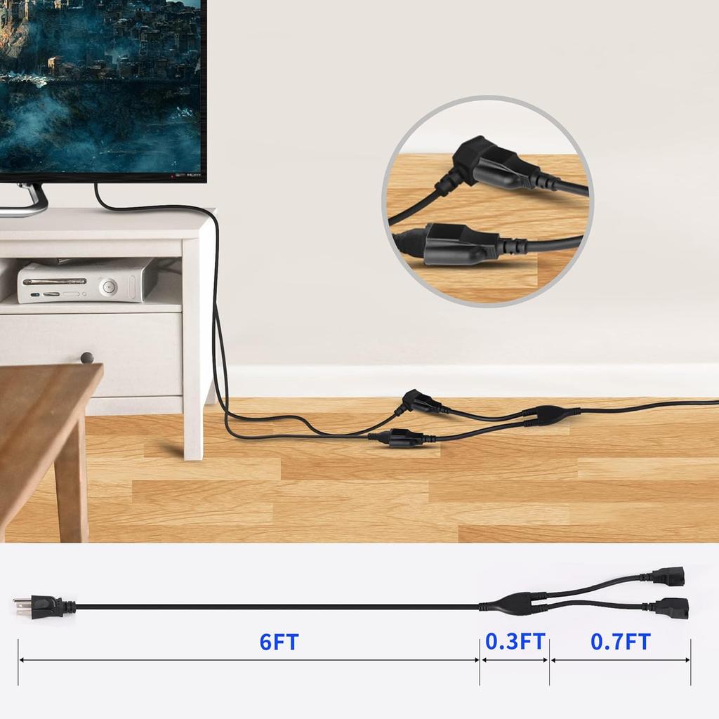 Y Splitter Extension Cord 6 Foot, 3 Prong Power Cord 1 To 2 Outlet Splitter, 16 Gauge 13A 1625W SJT Cable, ETL Listed, Black