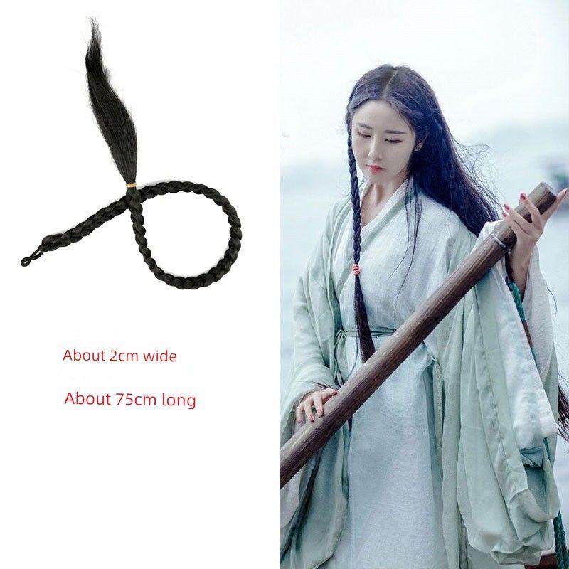Ancient Costume Wig Double-Headed Twist Braid Republic of China Student Big Braid Chinese Bride Xiuhe Style Coiled Hair Wig Long Braid