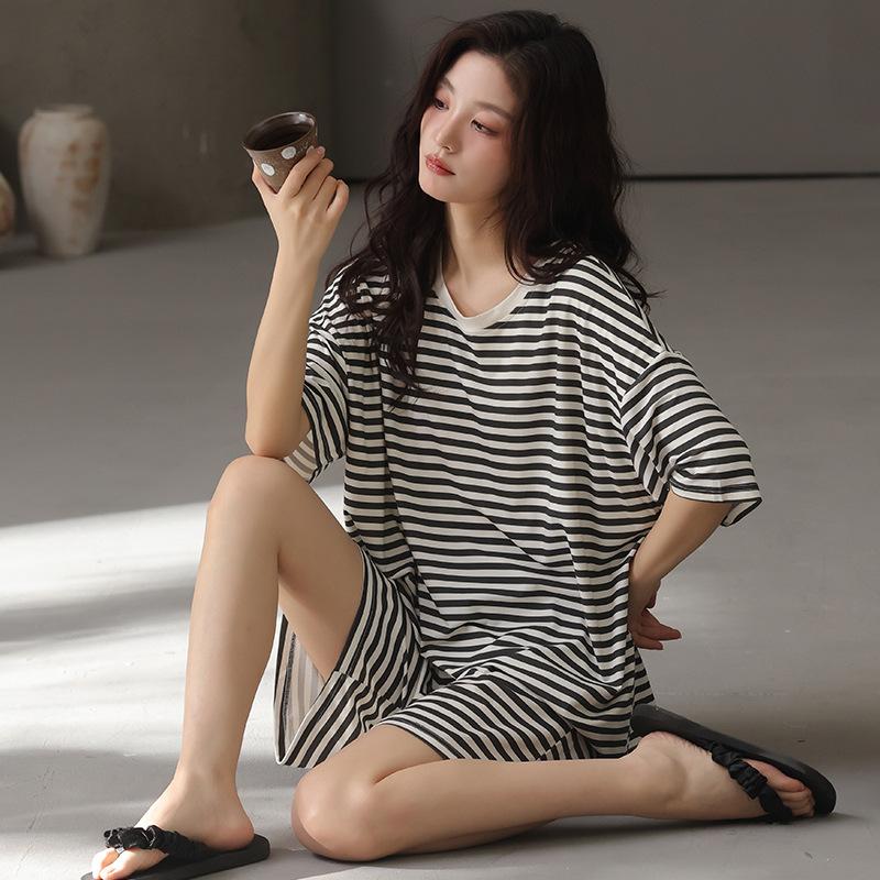 Black and white striped cool pajamas women's summer thin modal short-sleeved shorts casual wear loungewear suit