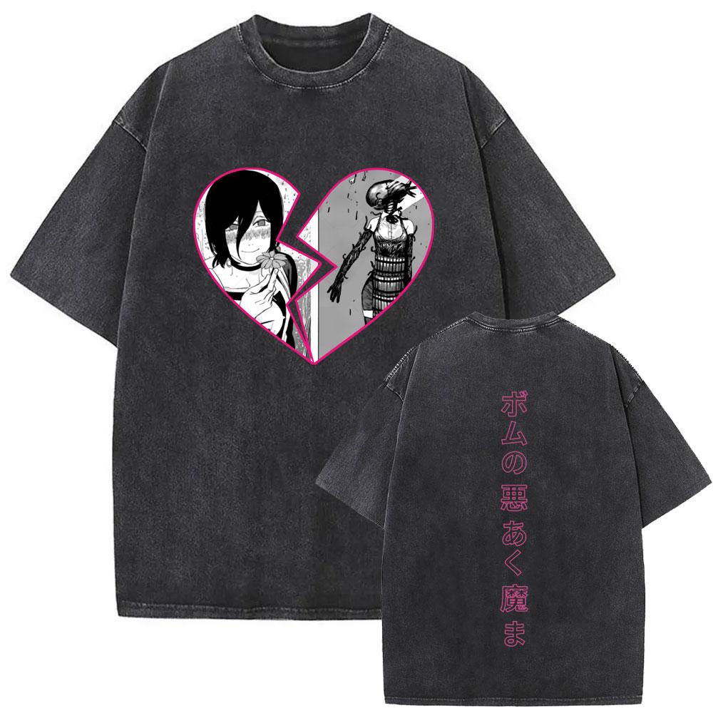 New Washed Vintage Anime Chainsaw Man Himeno Graphic Tshirt Men Women Casual Cotton Retro T Shirts Mens Cartoon Tshirts