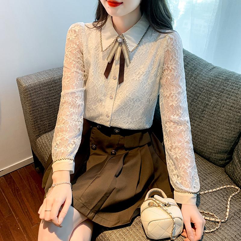 College Style Long-sleeved Shirt for Ladies In Spring New Style, Fashionable Small Fragrance Style Lace Top