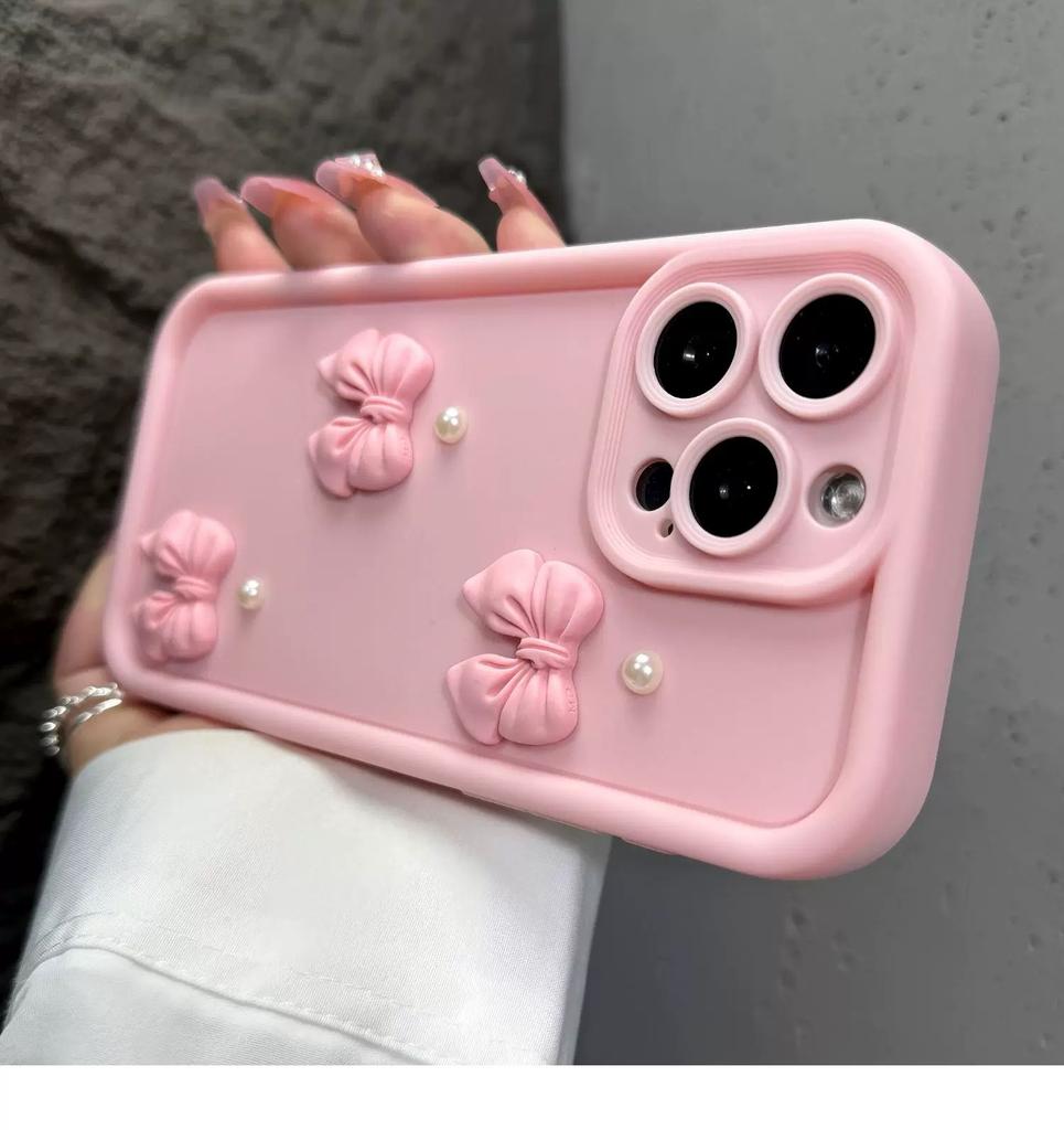 Cute 3D Bow Pearl Phone Case for iPhone 15 14 13 Pro Max Pink Shockproof Cover