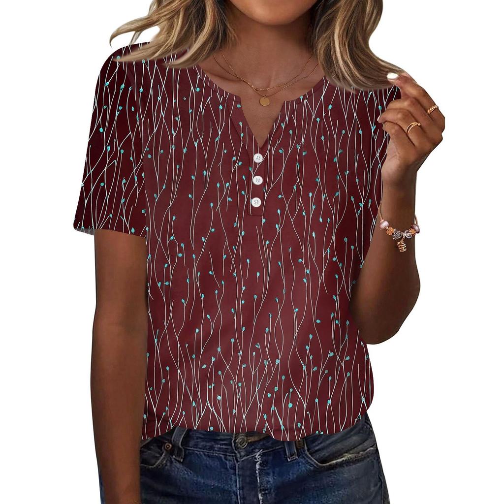 Damen T-Shirt mit Aufdruck und Knopfleiste, kurzärmelig, für den Alltag, Wochenendmode, Basic, V-Ausschnitt, normales Oberteil