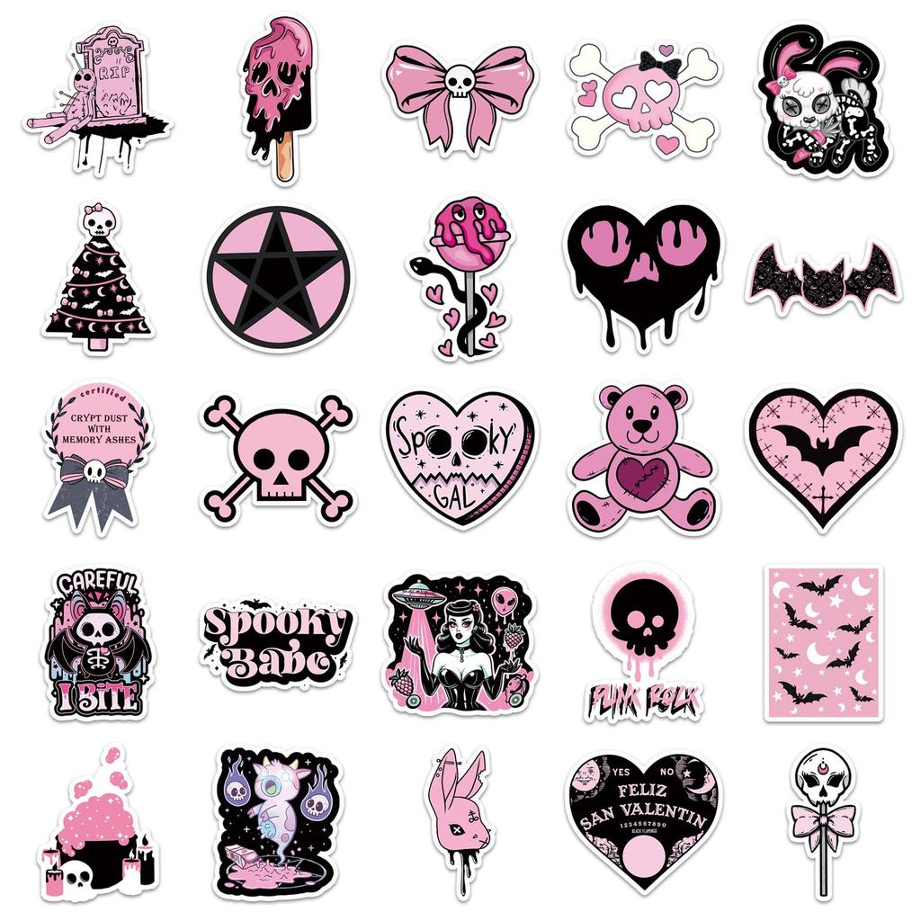 50 Pcs Black Pink Gothic Trendy Waterproof Stickers for Guitar, Fridge, Earphones
