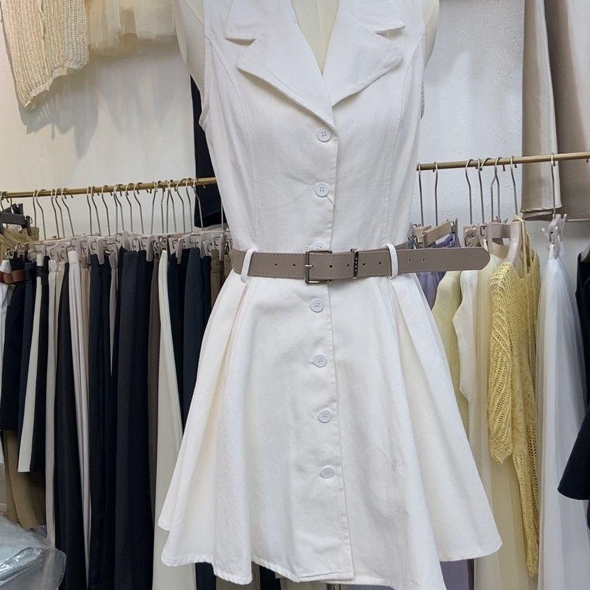 Real Price Fashionable Summer Casual New Temperament Lapel Waist Single-breasted Thin Sleeveless Short Dress Dress