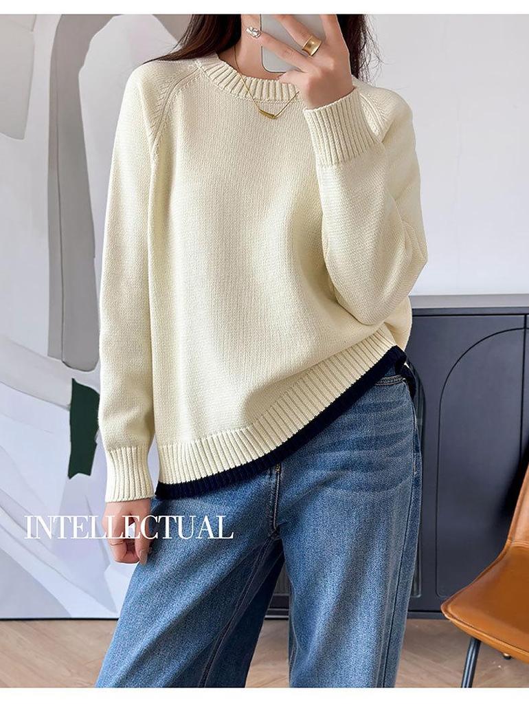 Korean-Style Loose Fit Women's Round Neck Thick Pure Cotton Long Sleeve Sweater for Autumn/Winter