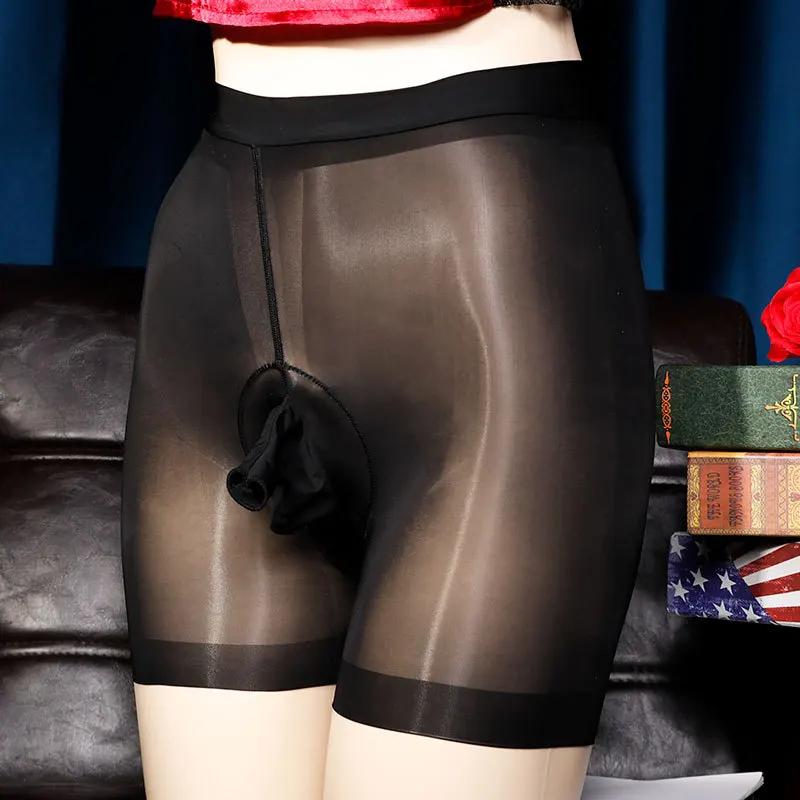 Men Shiny Boxers Open Closed Sheath Underwear Stockings Sexy Men's Seamless Sheer Ultra Thin Boxer Briefs Pantyhose Underwear