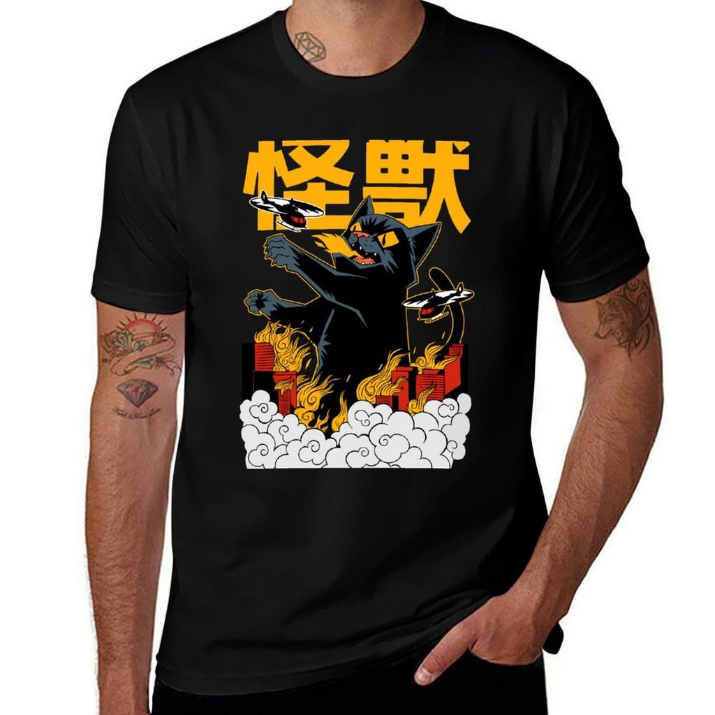 Japanese Cool Cat Zilla Funny Cartoon Style TShirt Daily Wear Print TShirt