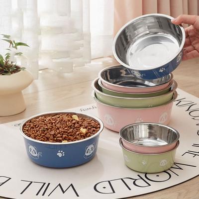Pet Cat Feeding Bowl Stainless Steel Plastic Non-slip Single Bowl Food Drinking Tray Feeder Drop-resistant Durable Pet Dog Bowl