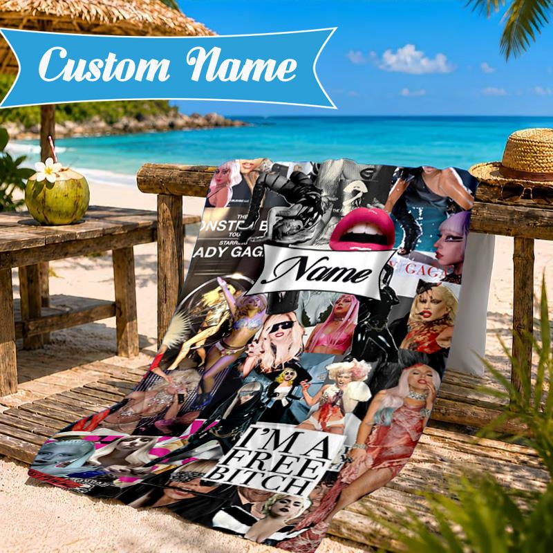 Custom Name Beach Towel Bold Fashion Lady-Gaga Microfiber Beach Towel, Lightweight for Summer Travel, Swimming Pool Fan Birthday Gift