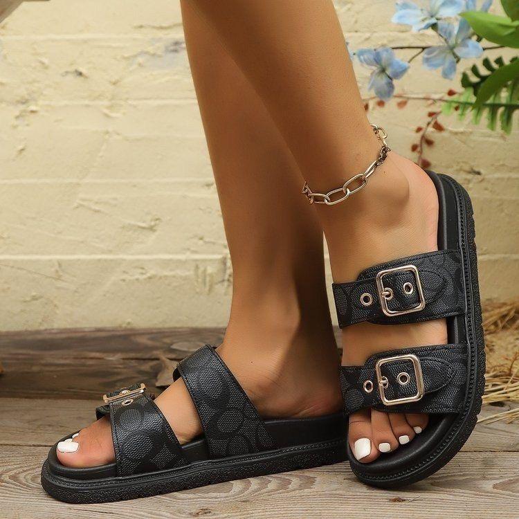 Fashion Thick-soled Metal Buckle Designer Slippers Women's Home Soft-soled EVA Sandals Women's Summer Non-slip Beach Flip-flops
