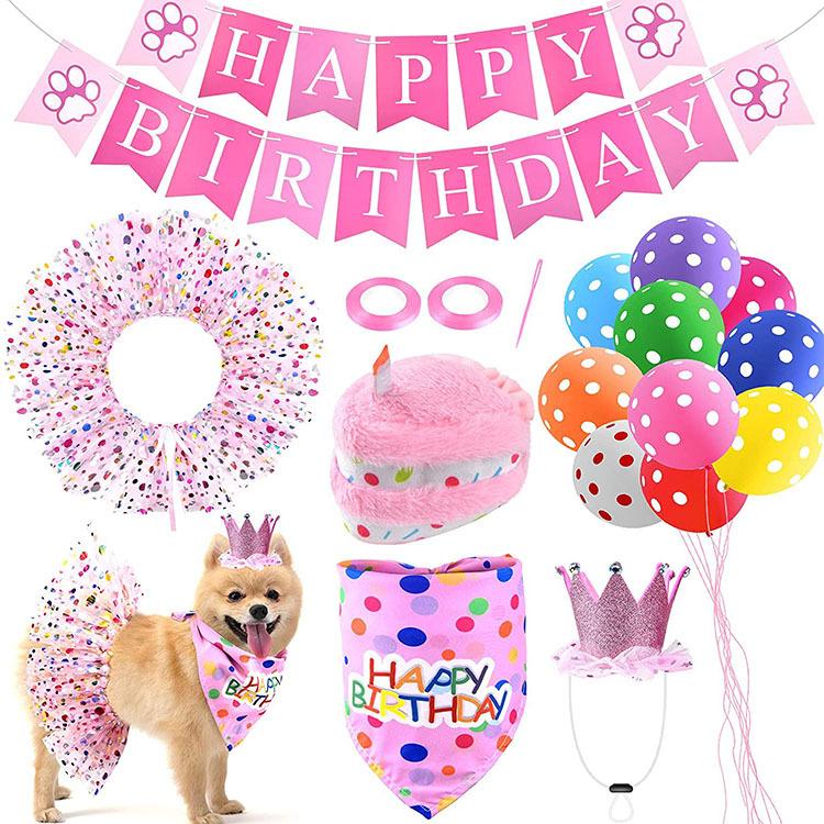 Pink Polyester Pet Birthday Costume with Skirt and Crown Hat
