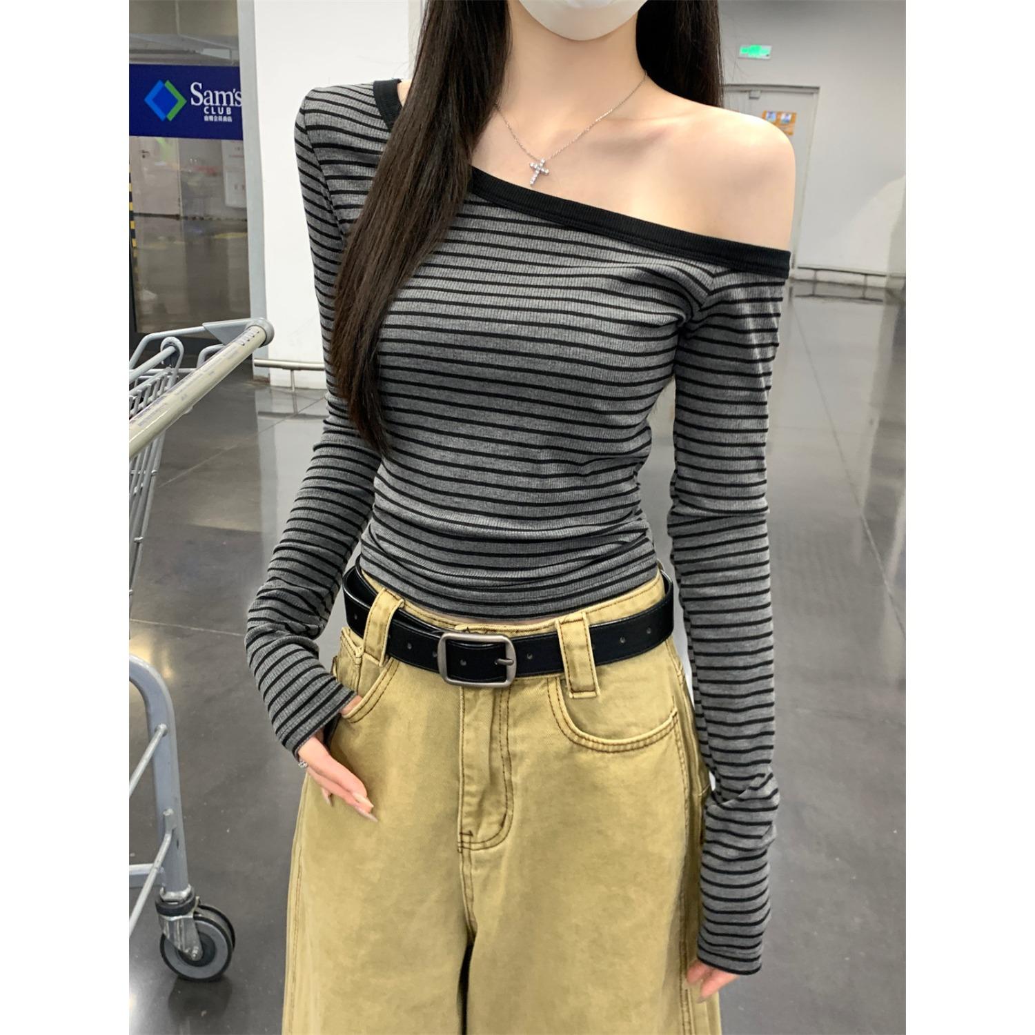 Women s Off Shoulder Long Sleeve T Shirt Striped Slim Fit Casual Pullover Top S