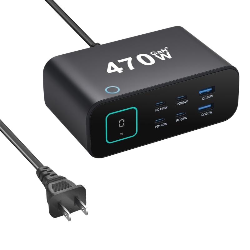 

Powerful 470W Charger Featuring Digital Screen And 6 Port Including 140W Type C For Fast Charging чорний