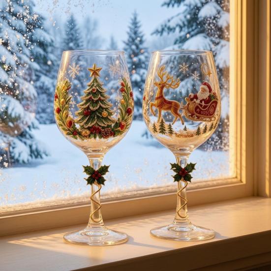 Elegante Vetro con Disegno di Fiocchi di Neve Calice da Vino di Natale, Babbo Natale Pupazzo di Neve Renna Calza Albero Ghirlanda Lusso Calice per Vino Festivo, Cocktail,