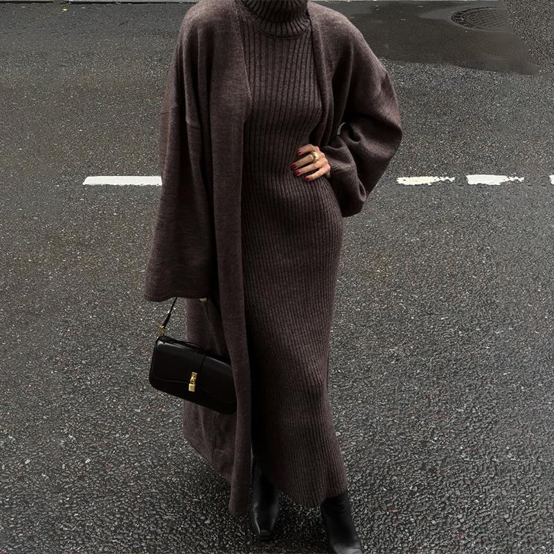 2025 Herbst/Winter Damen Slim-Fit Rollkragen Langkleid Cardigan Pullover Set