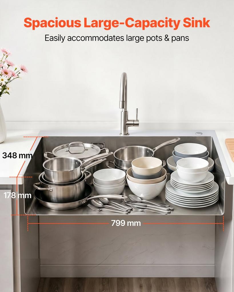 85cm Kitchen Top Mount Single Bowl Sinks, Stainless Steel Drop-In Farmhouse Basin with Accessories, Household Dishwasher Sinks for RV, Prep Kitchen,