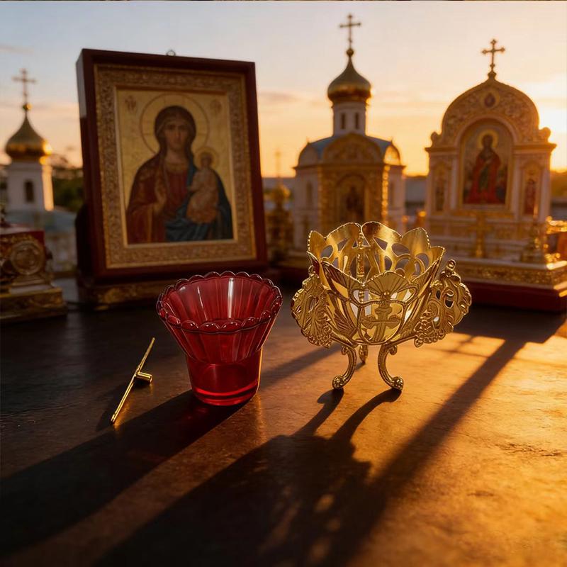 Gold Plated Orthodox Catholic Vigil Lamp with Cross Carvings and Red Glass Cup for Church Liturgy Home Altar Devotion Christian