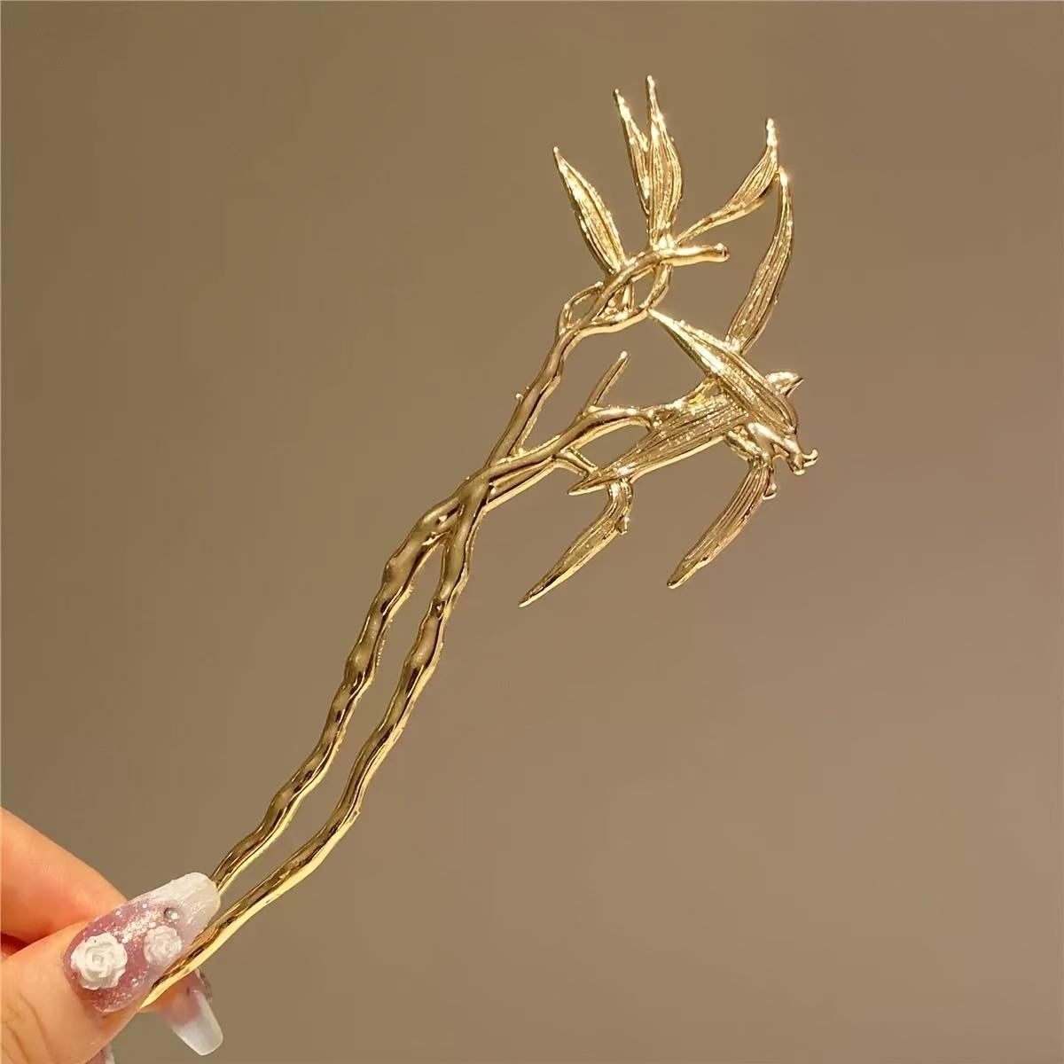 1 шт. Золотая Бамбуковая Минималистичная Сплавная Элегантная Заколка для Волос в Китайском Дворцовом Стиле, Подходит для Праздничных Путешествий золотой